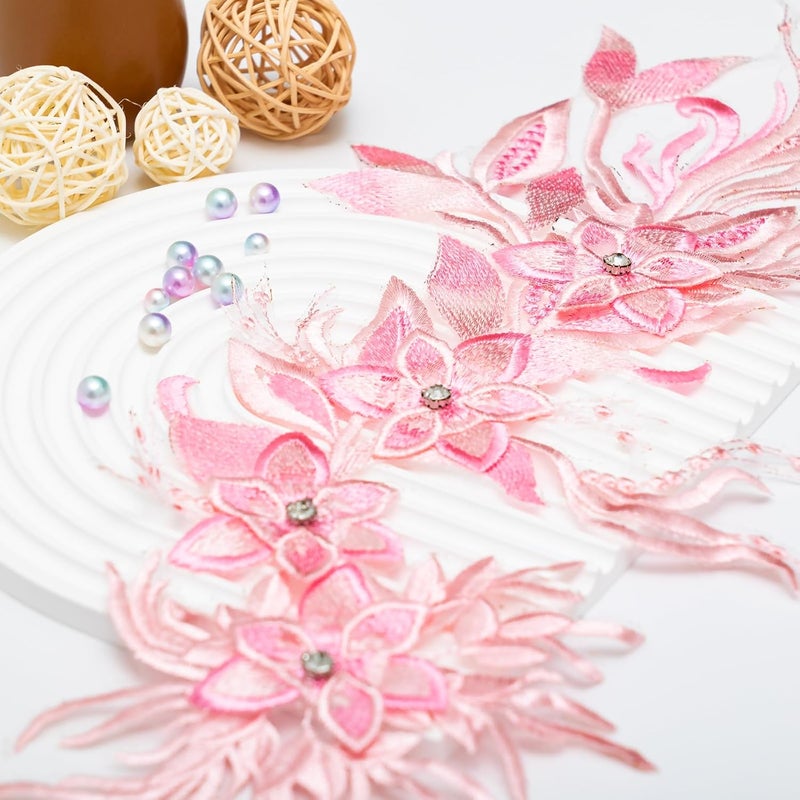 Silvora Phoenix Peacock Feather Tail Fabric Beaded Lace Applique,3D Embroidered Flower Fabric Patch for Bridal Dress, Handmade Sewing Tool for Wedding DIY Crafts(Pink) - Image 3